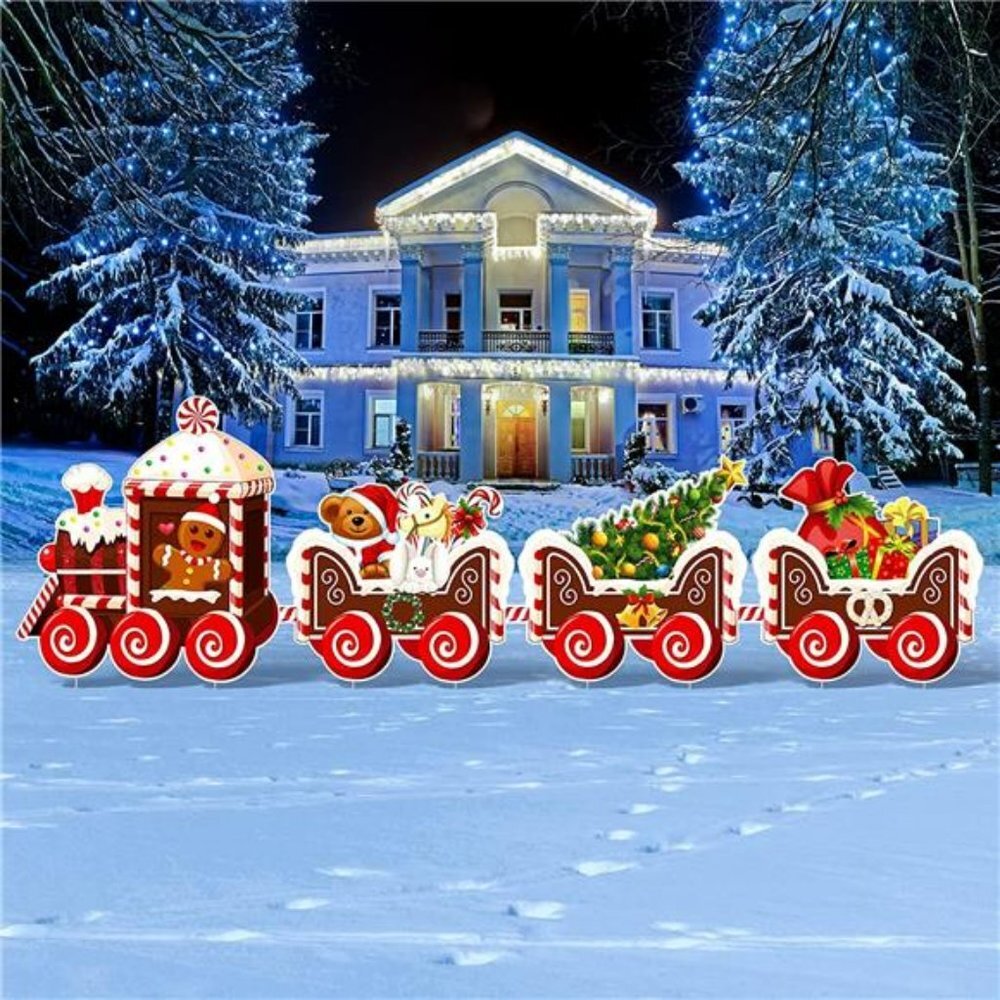 4 Pieces Gingerbread Santa Snowman Heart Yard Sign, with 8 Yard Stakes